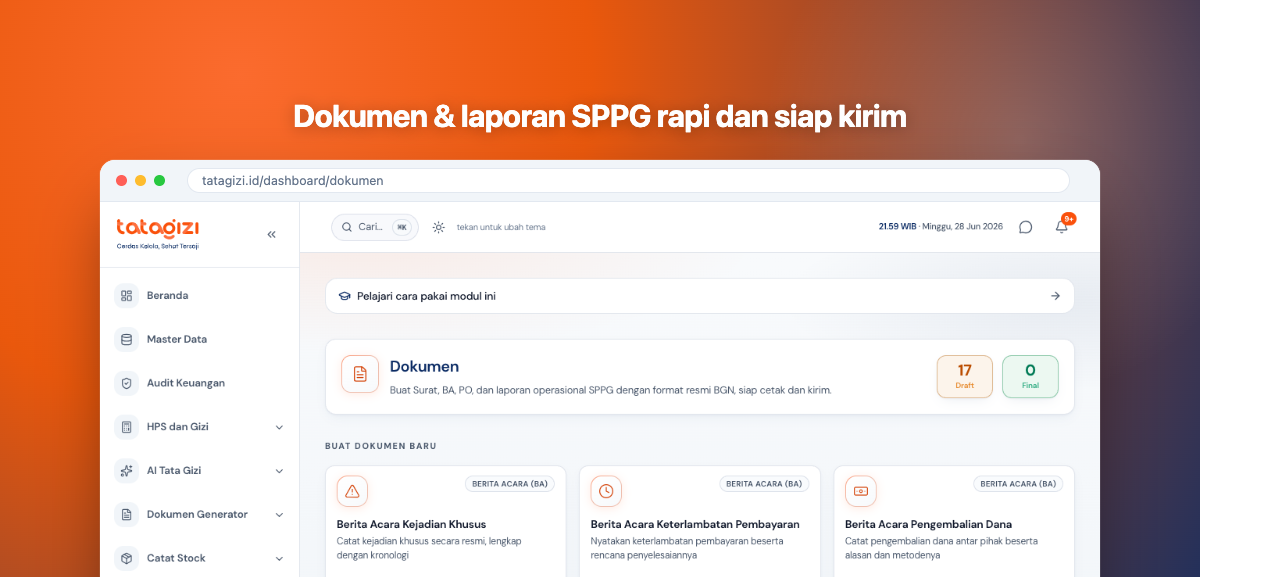 Modul laporan dan dokumen SPPG di aplikasi Tata Gizi.