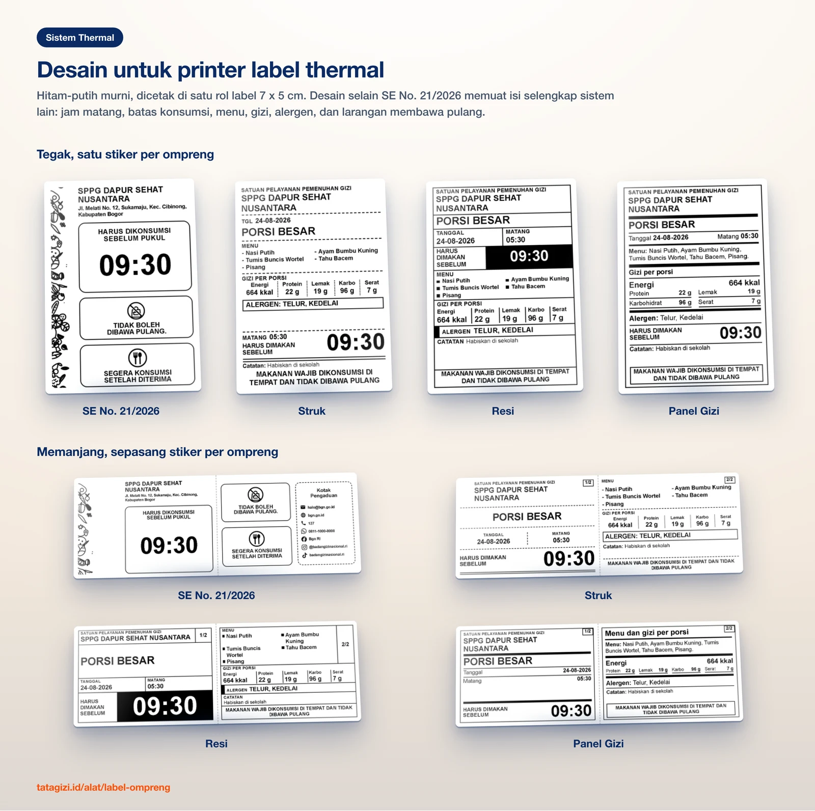 Galeri desain Thermal label ompreng MBG: SE No. 21/2026, Struk, Resi, dan Panel Gizi, masing-masing dalam bentuk tegak dan memanjang, hitam-putih untuk printer label thermal