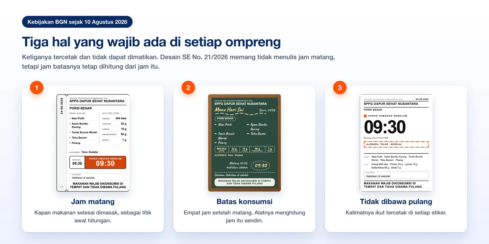 Tiga stiker label ompreng dengan penanda bernomor pada jam matang, batas konsumsi, dan larangan membawa pulang