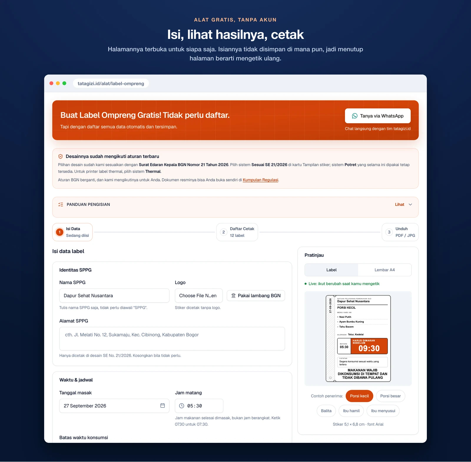 Alat label ompreng gratis di tatagizi.id: satu halaman berisi langkah pengisian, isian data, dan pratinjau stiker dengan lima pilihan kategori penerima