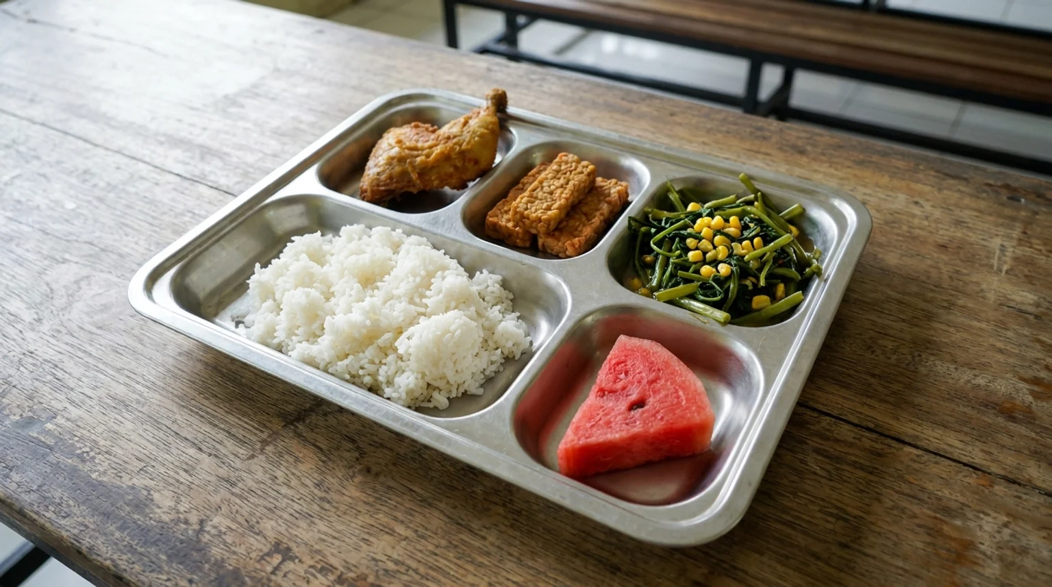 Ompreng baja tahan karat lima sekat berisi nasi, ayam goreng, tempe, tumis kangkung dengan jagung, dan semangka, di atas meja kayu ruang kelas